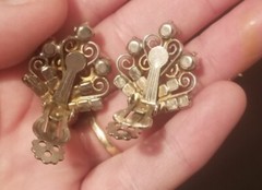 Vtg Filigree Simulated Pearl Smoky Gray Crystal Rhinestone Earrings Wedding