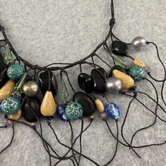 Teresa Goodall Vintage Resin Glass Bead Necklace Linen Cord Signed Boho Jewelry