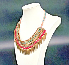 Vtg Egyptian-style Spiked BIB necklace W/ Copper Tone Spikes Pink & Green Beads