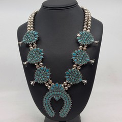 Sancrest Vintage Silver-Toned Double Strand Turquoise Squash Blossom Necklace