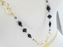 New Sterling Silver 925 Gold Over Black Stone Chunky Statement Necklace 36″