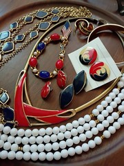 Patriotic VTG Grandmas Jewelry Lot Enamel Red White Blue Necklace-Brclts-Earrngs