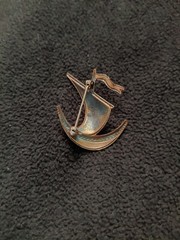Enameled Sailing Ship Brooch, Pin. Blue and White