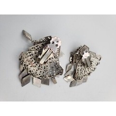 Silver tone diamond shape metal clip on dangle drop earrings 1 3/4″