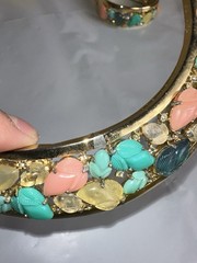 VTG Pastel Fruit Salad Collar Necklace with Carved Art Glass Stones Set