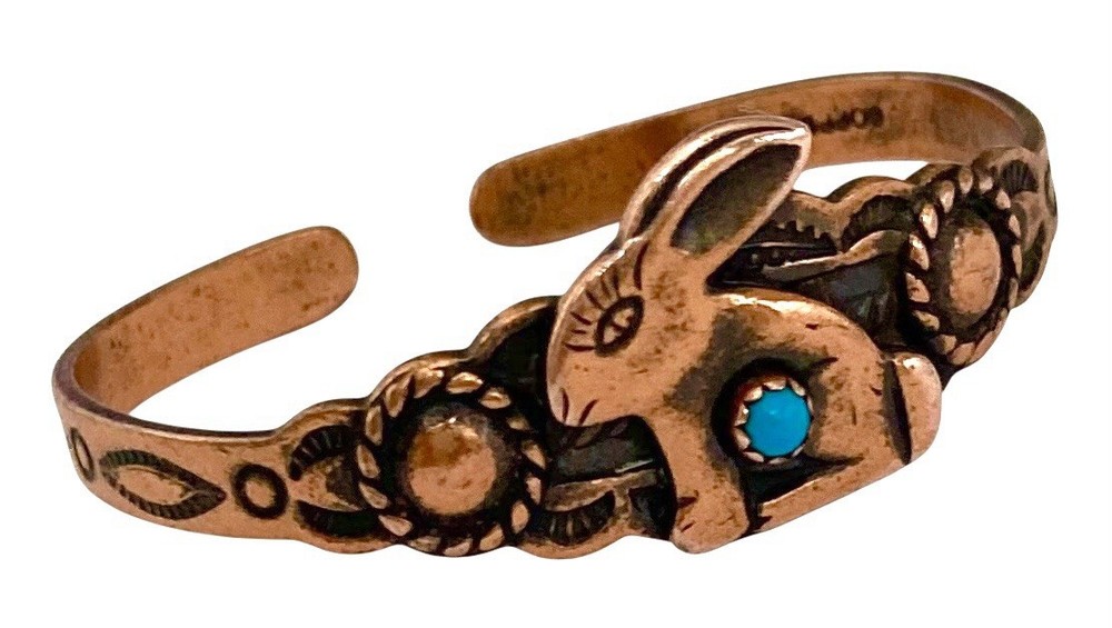 VINTAGE WHEELER CO. Stamped Copper Turquoise BUNNY BABY/CHILD Cuff Bracelet