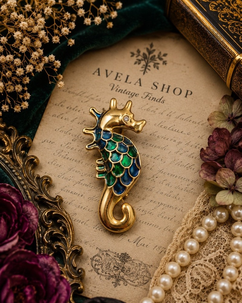 Vintage 1980s Gold-Tone Enamel Seahorse Brooch | Blue & Green Coastal Ocean Pin