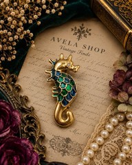 Vintage 1980s Gold-Tone Enamel Seahorse Brooch | Blue & Green Coastal Ocean Pin