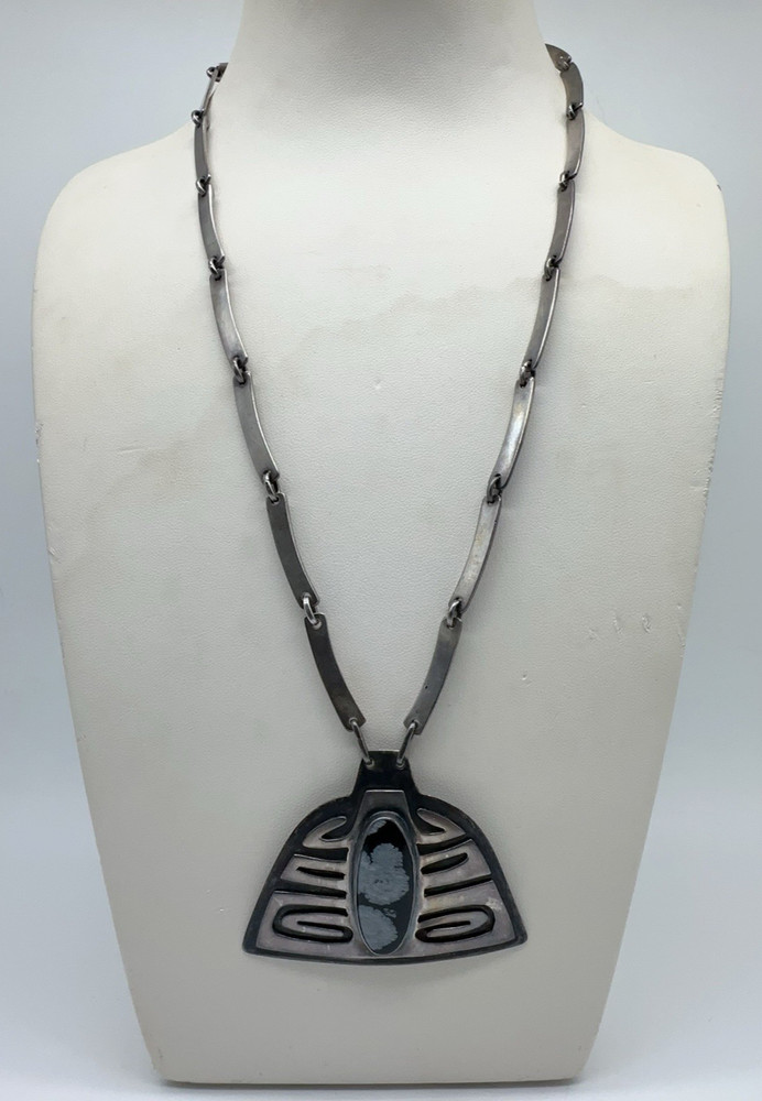 VTG Fridl Blumenthal Sterling Snowflake Obsidian Pendant Necklace 52.8g #bba