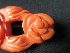 Reddish Orange Rose Bakelite Brooch 3 1/8″ ~YGF