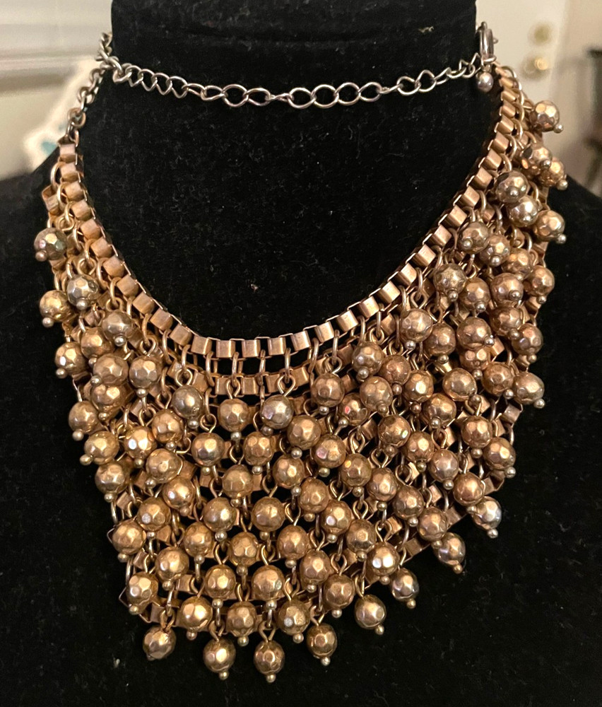 Vintage Beaded Chain Look Fringe Gold Tone Choker Or Necklace.