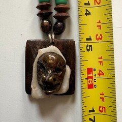 Vintage Handmade Artisan Wood Glass Brass Tribal Mask Beaded Leather Necklace