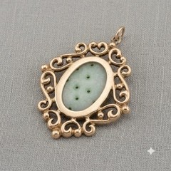 Faux Jade Pendant Carved Green Glass Cabochon Gold Tone Filigree MCM Vintage