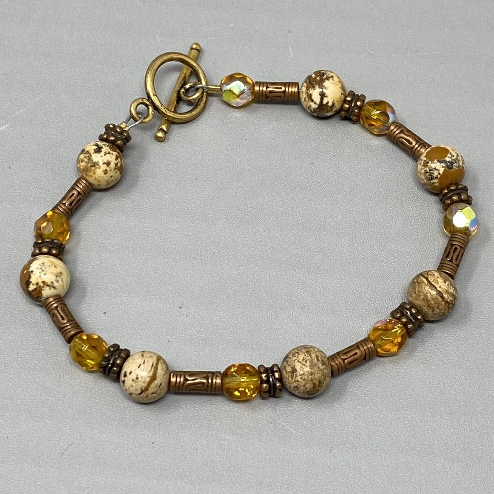 Stone Bracelet Brown Speckled Gemstone Glass Beads Bali Tubes Toggle Vtg 7″