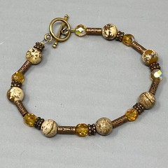 Stone Bracelet Brown Speckled Gemstone Glass Beads Bali Tubes Toggle Vtg 7″