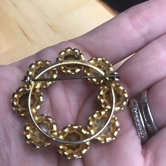 Vintage Austria Stamped Red Rhinestone Circle Brooch with AB Crystals Prong Set