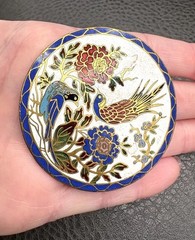 Vintage HUGE Cloisonné Enamel Brooch Birds Flowers Old Trombone Clasp