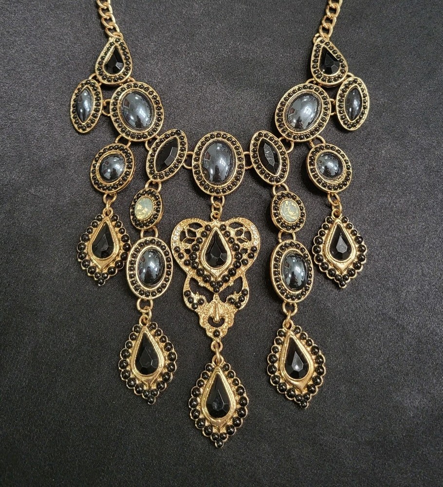 Vintage Antique Gold Black Rhinestone Bib Necklace Gothic Victorian Chandelier