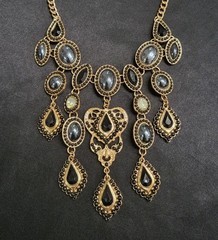 Vintage Antique Gold Black Rhinestone Bib Necklace Gothic Victorian Chandelier
