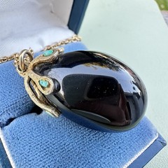 Vintage Eggplant Necklace Midcentury Black Glass Turquoise Pendant Gold Tone 26”