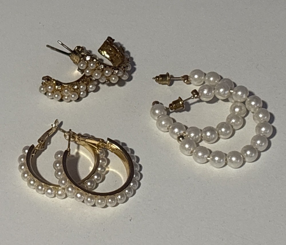 Lot of 3 pair Gold Tone Pearl Earrings Costume Jewelry Pierced Post Hoops
