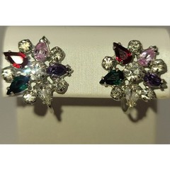 Vintage B David Screw-back Earrings Silver-tone Multi-colored Faceted Crystal