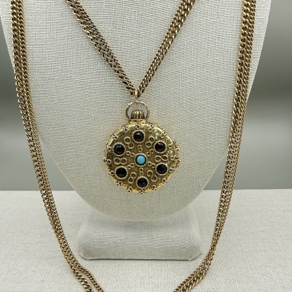 Vintage Goldette Trinket Locket Multi Strand Chain 30-42″ Blue Red Scrollwork