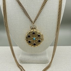 Vintage Goldette Trinket Locket Multi Strand Chain 30-42″ Blue Red Scrollwork