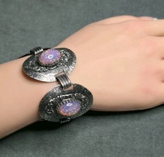 Vintage Sterling Silver Faux Fire Opal Panel Bracelet Ornate Floral Engraved