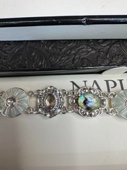 Vintage Napier Abalone Glass Jeweled Rhinestone Enamel 7” Silver Tone Bracelet