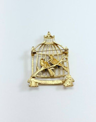 Gold Tone Bird Cage With 2 Colorful Birds Brooch