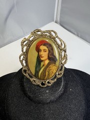 Vintage Unique Cameo Painting of Lady In Red Beret Style Hat Brooch Pin Pendant