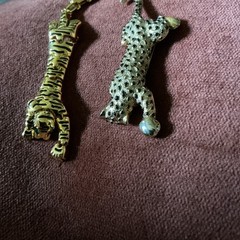 Vintage Black And Gold Tone Tiger Shoulder Pin Emerald Eyes & Leopard Pin