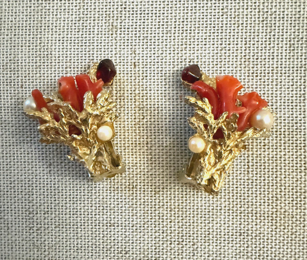 Vintage Swoboda 22 kt Gold Plated Coral Reef Clip Earrings w/ Pearls & Garnets