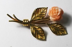 Gold Filled Pink & White Carved Rose Flower 48mm x 25mm Brooch Pin