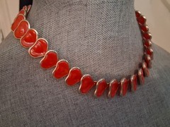 Vintage red celluloid stylized leaf abstract necklace, 16″, articulated