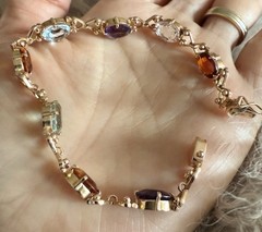 Vintage C.1950s 14Kt Rose Gold Natural Oval Multi-Gemstones Link Bracelet 7.5”in