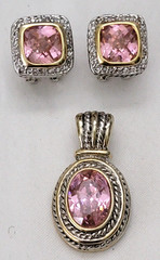 Vintage Crystal CZ Pink Topaz Gold & Silver Tone Detail Earrings & Pendant Set