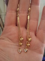 Puffy hearts & crystal bezel-set heart tassel earrings, multi chain, cascading