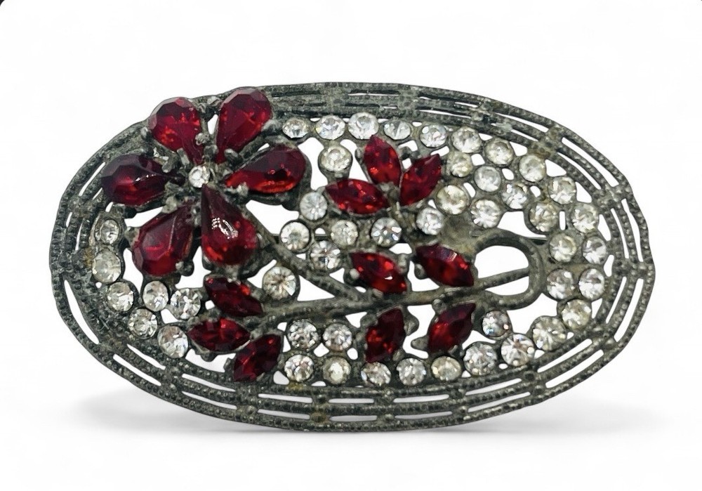 Vintage 1930’s Art Deco Pot Metal Red Glass Rhinestone Floral Brooch