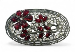 Vintage 1930’s Art Deco Pot Metal Red Glass Rhinestone Floral Brooch