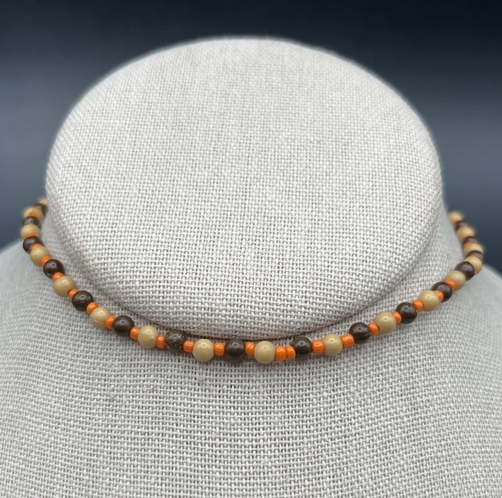 Dainty 90s Beaded Stretch Choker Collar Necklace Natural Tone Brown Orange Boho