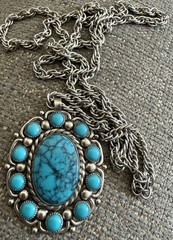 Vintage Bell Trading Nickel Silver Simulated Turquoise Pendant Necklace 29”