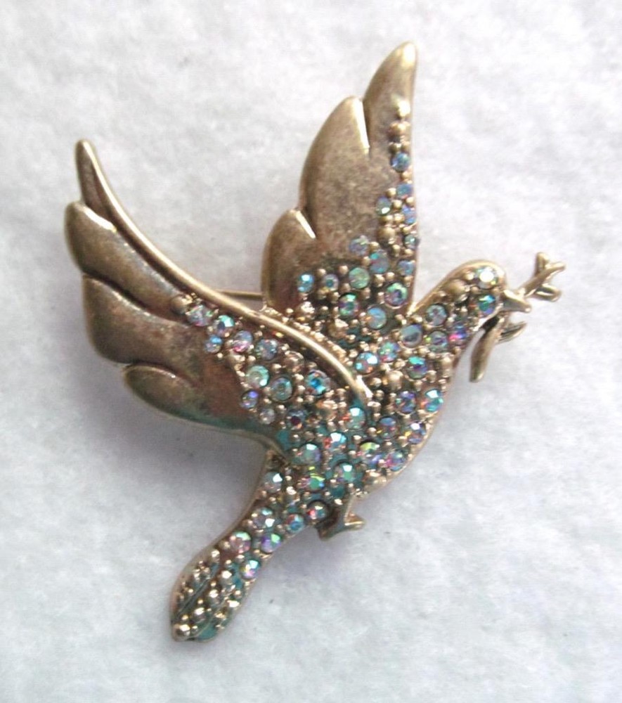 PEACE DOVE Pin w/Olive Branch AB aurora borealis Rhinestones #23-5