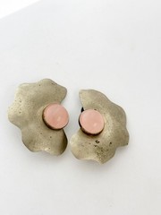 Vintage Silver Tone Earrings Oversized Sculptural Rose Quartz clip on Bold