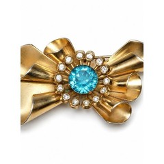 Vintage Retro Gold Tone Bow Brooch Aqua Blue Rhinestone Mid Century Statement