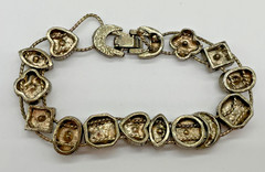 VTG Victorian Revival 14 sliding charms bracelet gold tone Cameo Rhinestone 7″