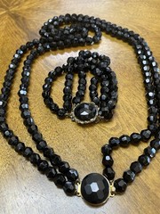 Vintage Black Faceted Glass Bead Necklace & Bracelet. MC. 150g