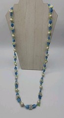 Vint Flower Leaf Plastic Bead Necklace Mid Century Blue Green Yellow White 42″