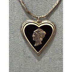 Vintage Mercury Dime Heart Cameo Pendant Silver Tone Black Enamel Sweetheart